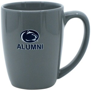 gray ceramic mug with Penn State Athletic Logo above Alumni